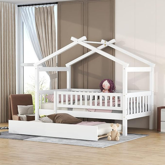 Merax Twin Size Wooden House Bed with Twin Size Trundle, Wood Bed Frame with Roof and Safety Guardrail for Kids, Teens, Boys or Girls, White