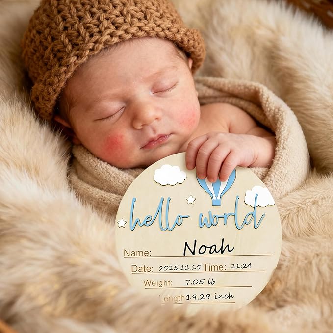 Baby Announcement Sign with Pen, 5.9 Inch Wooden Hello World Newborn Sign for Hospital, 3D Birth Announcement Board, Welcome Baby Name Signs for Nursery, Newborn Boy & Girl,Blue Balloon
