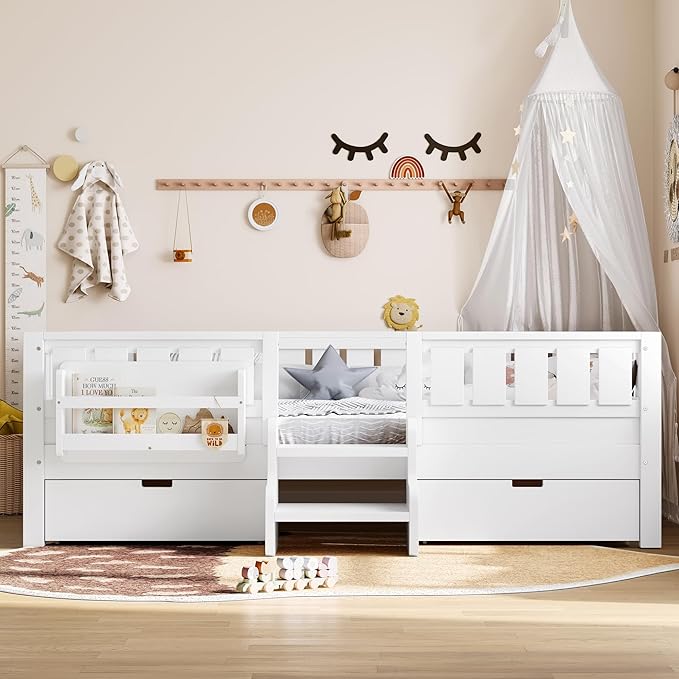 Bellemave Full Size Bed with Slats and Stairs, Full Size Platform Bed Frame with Fence, Bookshelf and Storage Drawers, Easy Assemble Beds for Kids, Girls, Boys, White
