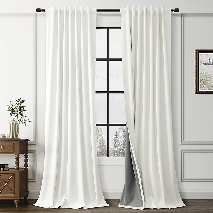 Guken Ivory Linen 100% Blackout Cream Curtains 96 Inches Long 2 Panels Set Textured Neutral Farmhouse Light Blocking Soundproof Thermal Insulated Back Tab Curtains for Bedroom Nursery 52x96 8Ft