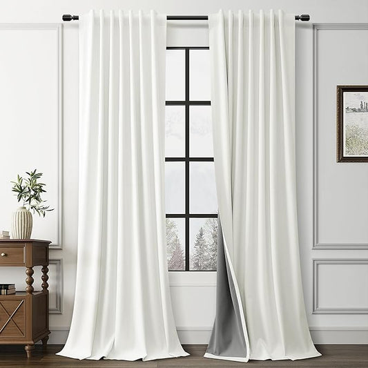 Guken Ivory Linen 100% Light Blocking Cream Curtains 102 Inches Long 2 Panels Set Neutral Farmhouse Blackout Thermal Insulated Hook Belt Back Tab Curtains for Bedroom Living Room Patio Door 52x102