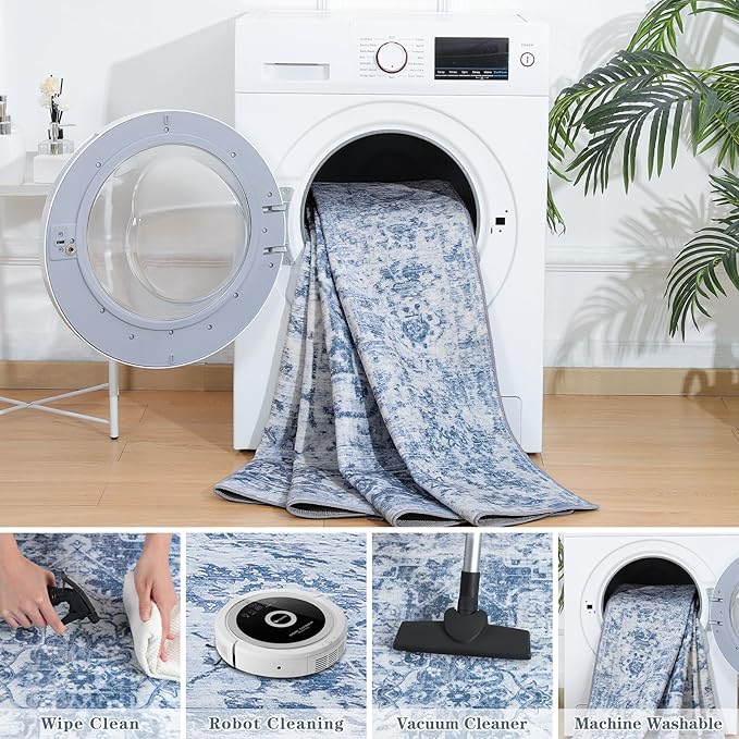 Area Rug 6x9, Washable Rug for Living Room, Large Area Rugs for Bedroom, Vintage Rug 6x9 for Dining Room, Non Slip Soft Low Pile Indoor Carpet for Kitchen, Nursery, Office, Farmhouse, Blue