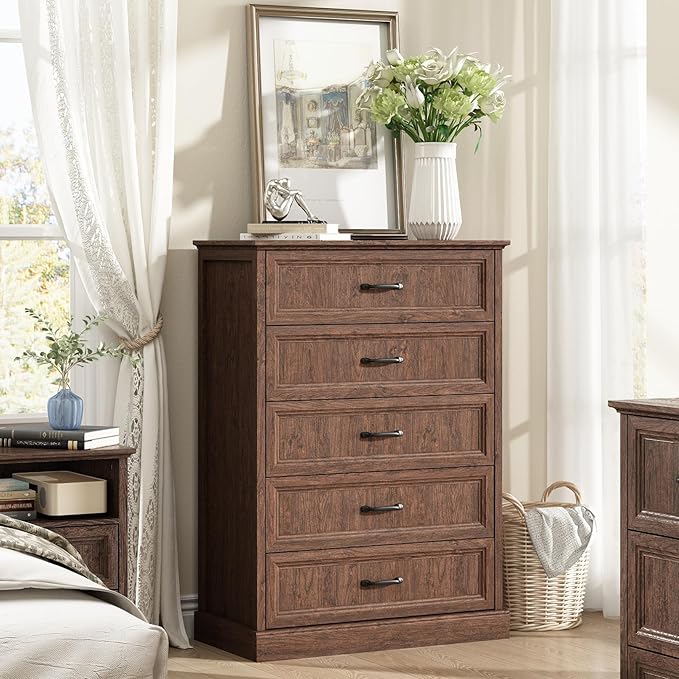 CARPETNAL Farmhouse 5 Drawers Dresser for Bedroom, 44" Tall Brown Dresser Wood Rustic Chest of Drawers with Wide Metal Handle,Natural Texture,Drawer Organizer for Bedroom,Living Room,Hallway