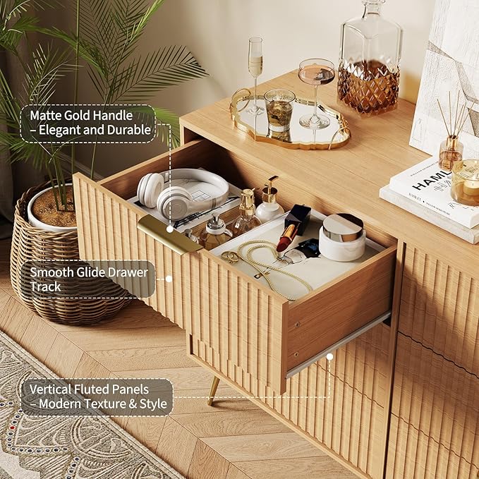 Garvee Fluted Dresser for Bedroom with 6 Drawers,47" Wide Modern Chest of Wooden Bedroom Chest with Metal Handle,Clothes Storage Organizer,Closet Dresser & TV Stand for Living Room,Hallway,6&Natural