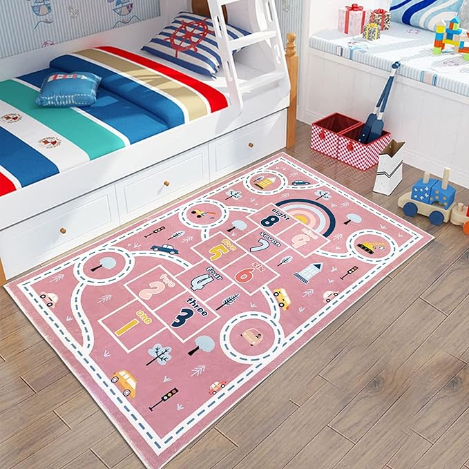 Kids Rug Carpet Hopscotch Play Mat 3x5Ft Pink Car Road Area Rug for Kids Girls Boys Bedroom Playroom Nursery, Nonslip Numbers Educational Children Throw Rug, Indoor Decor, Pink
