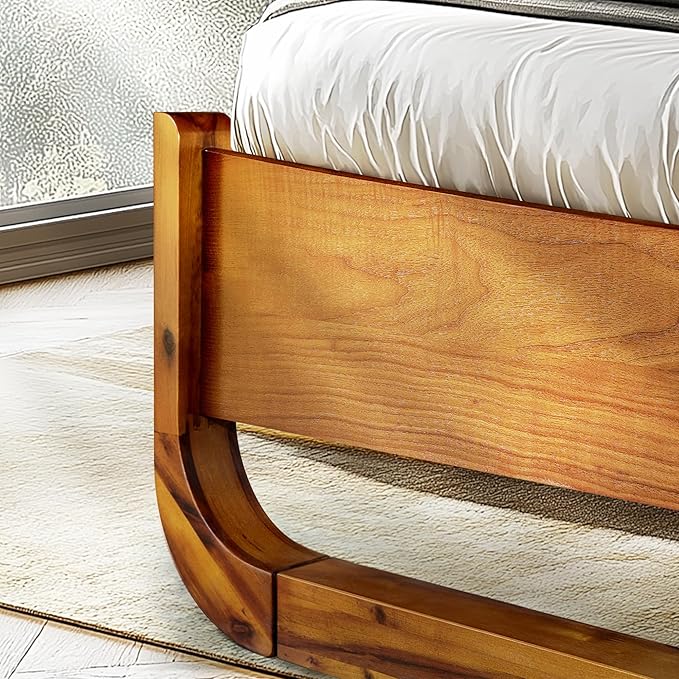Sunset Solid Acacia Wood Queen Platform Bed, Tall Headboard, Mid-Century Art Deco Design, No Box Spring Needed, Sturdy Slat Support, Scratch & Water-Resistant, Caramel Finish