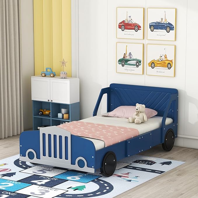 Twin Size Car-Shaped Platform Bed Frame for Boys Girls Kids Adults Toddler with Wheels,Blue