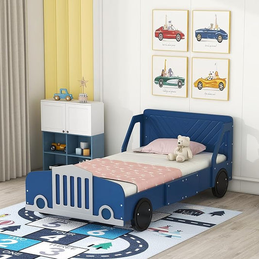 Twin Size Car-Shaped Platform Bed Frame for Boys Girls Kids Adults Toddler with Wheels,Blue