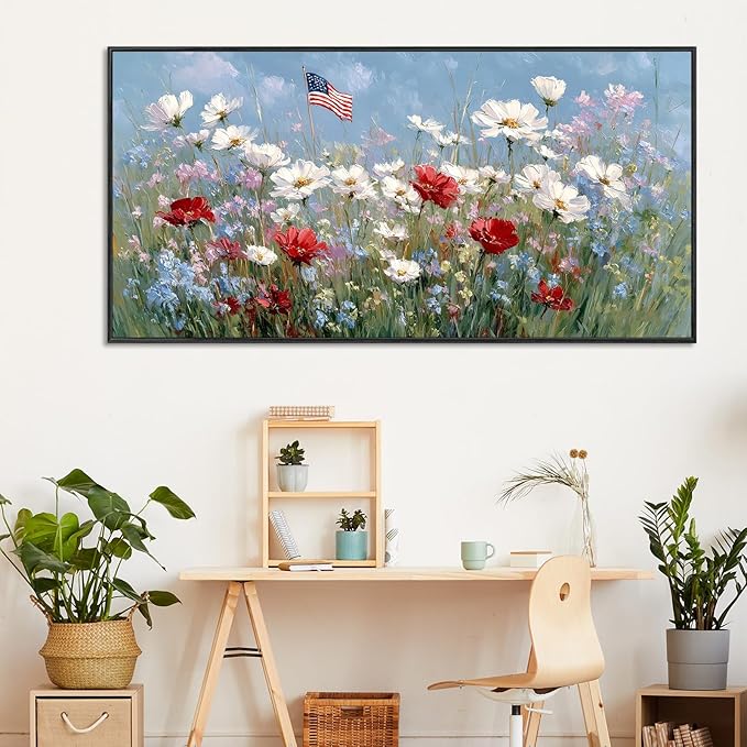 Large Framed American Flag Wildflower Wall Art for Living Room, Patriotic Flower Field Canvas Prints Paintings Artwork, Rustic Farmhouse Floral Landscape Pictures for Hallway Office Wall Decor 28"x58"