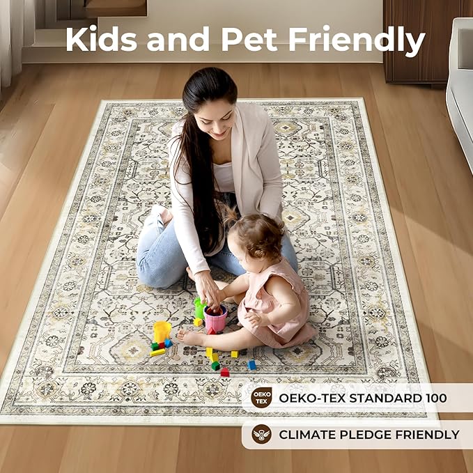 WITSHOCK Living Room Area Rugs 4x6: Washable Rug Boho Soft Non-Slip Low Pile Stain Resistant Foldable Carpet for Bedroom Playroom Dining Room Office Kitchen Farmhouse Home Decor Rug-Cream Color