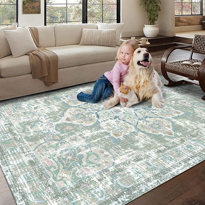 Vhong Washable Area Rugs Boho Vintage Neutral Modern Pale Green 5x7 Non Slip Small Carpet for Living Room Dining Room Bedroom Farmhouse
