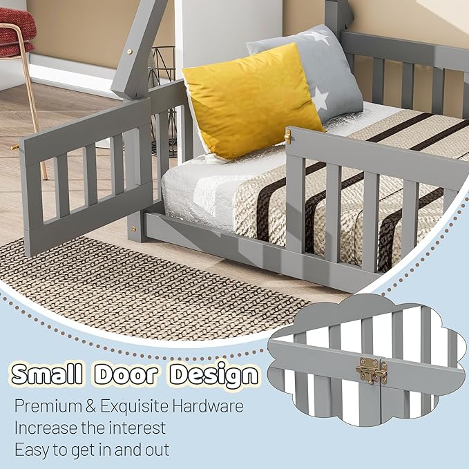Twin House Bed Frame with Fence Rails and Door,Wood Montessori Floor Bed with Slats Support,Teepee Tent Beds Kids Bed Frames for Girls Boys, Grey
