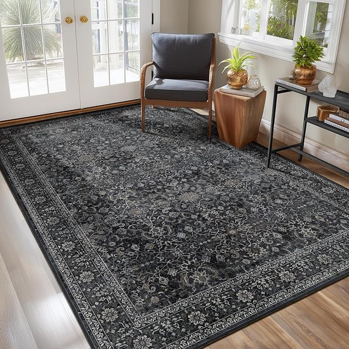 Charcoal Black Area Rug 6x9, Vintage Earth Tone Dark Rugs for Living Room Bedroom, Washable Non Slip Low Pile Thin Carpet Rug for Dining Room Guest Room Home Office
