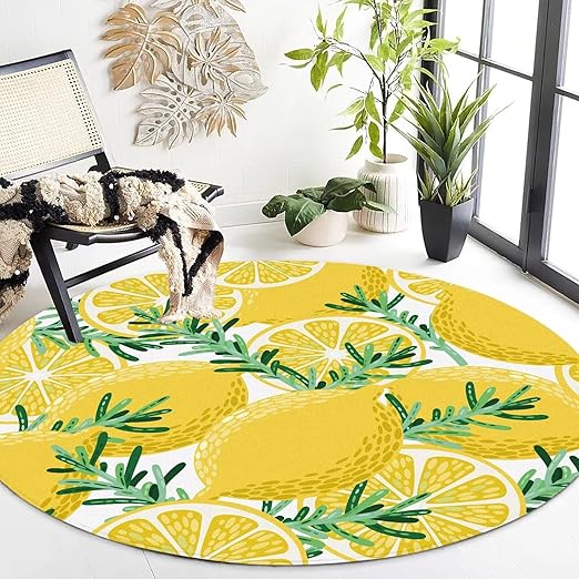 Lemon Round Rug Yellow Circle Rugs for Bedroom Dorm Living Room Lemon Tree Area Rug Floor Mat Pad Doormat Carpet, 6'X6'(180x180cm)