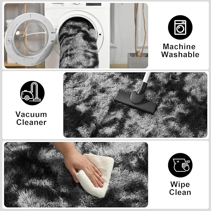 Merelax Soft Modern Indoor Large Shaggy Rug for Livingroom Bedroom Dorm Kids Room Home Decorative,Non-Slip Plush Fluffy Furry Fur Area Rugs Comfy Nursery Floor Carpet 9x11 Feet,Tie-Dyed Deep Grey