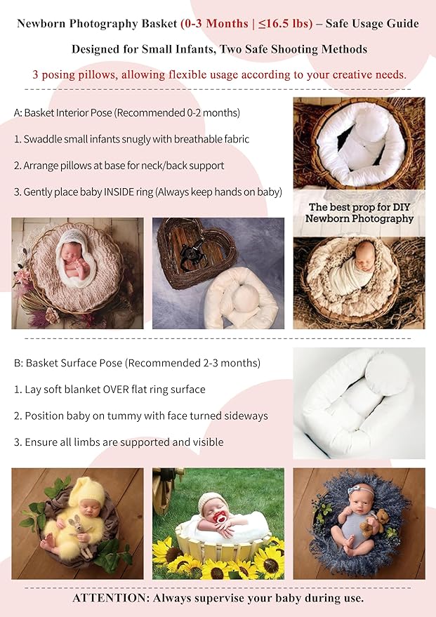 4PC Newborn Photo Props Baby Photography Basket Pictures Infant Posing Props, 1 Photo Donut, 3 Posing Pillows(Fits 0-3 Month)