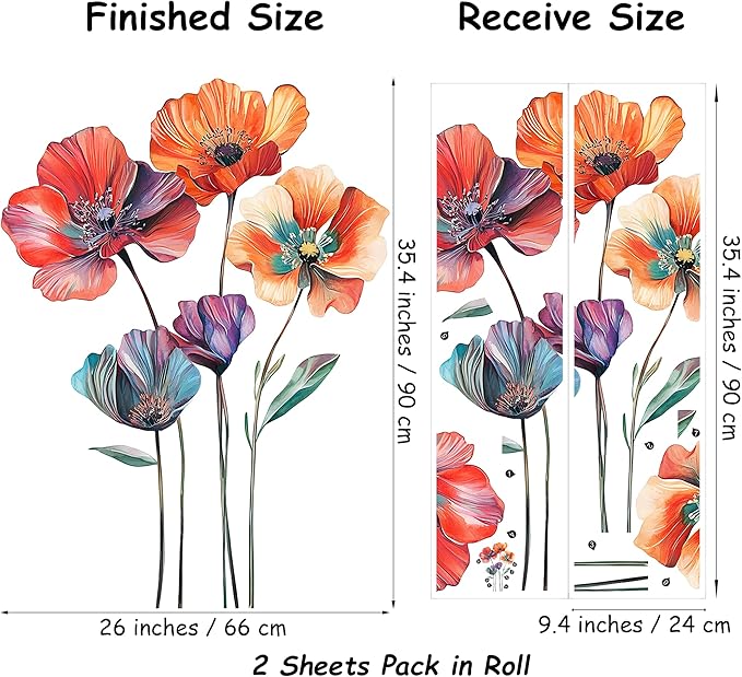 Large Vinyl Floral Wall Decals Peel and Stick Sunset Coral Flower Murals for Girls Bedroom Living Room Pillow