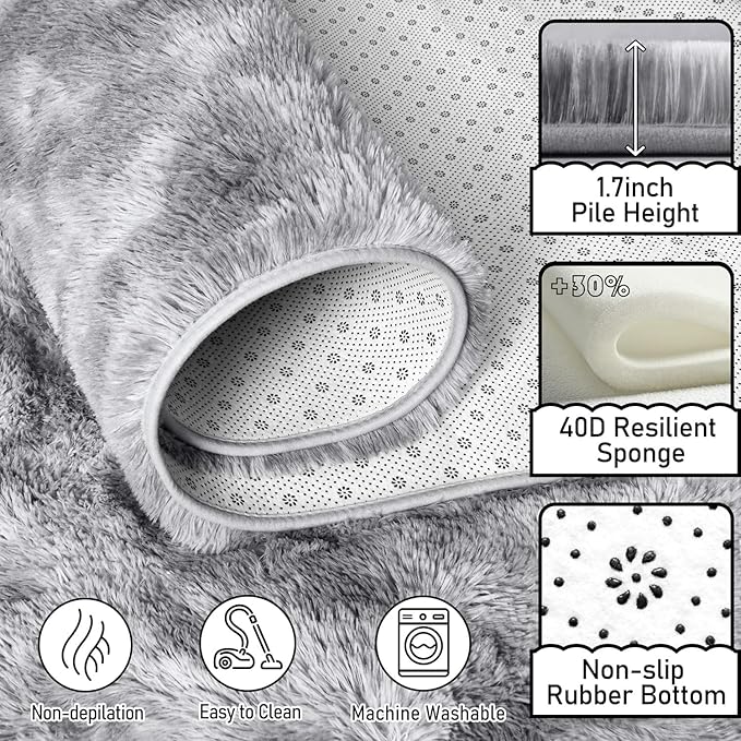 EVOIONOS 10x14 Washable Large Area Rug Living Room, Fluffy Shag Rug Bedroom, Ultra Soft Plush Non Slip Carpet Indoor Floor Bedside Nursery Kids Girl Room Dorm Home Decor Aesthetic Tie-Dyed Light Grey