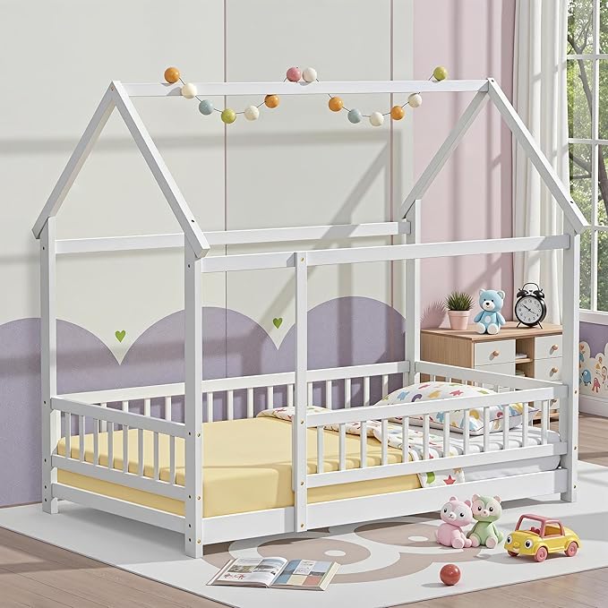 LLS Twin Montessori Floor Bed, Wooden Floor Bed Frame with Slats and Fence, House Bed for Boys Girls Bedroom, White