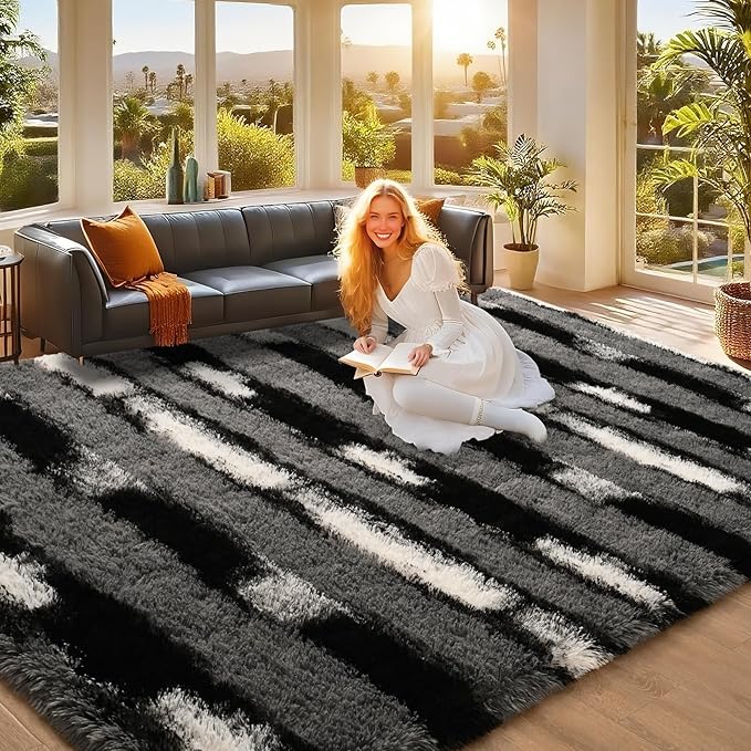 5x7 Feet Area Rugs for Living Room Bedroom,Gray and White Machine Washable Soft Fluffy Shaggy Indoor Rug, Floor Carpet for Girls Boys Kids, Dorms, Nursery Rooms, Home Decor Aesthetic