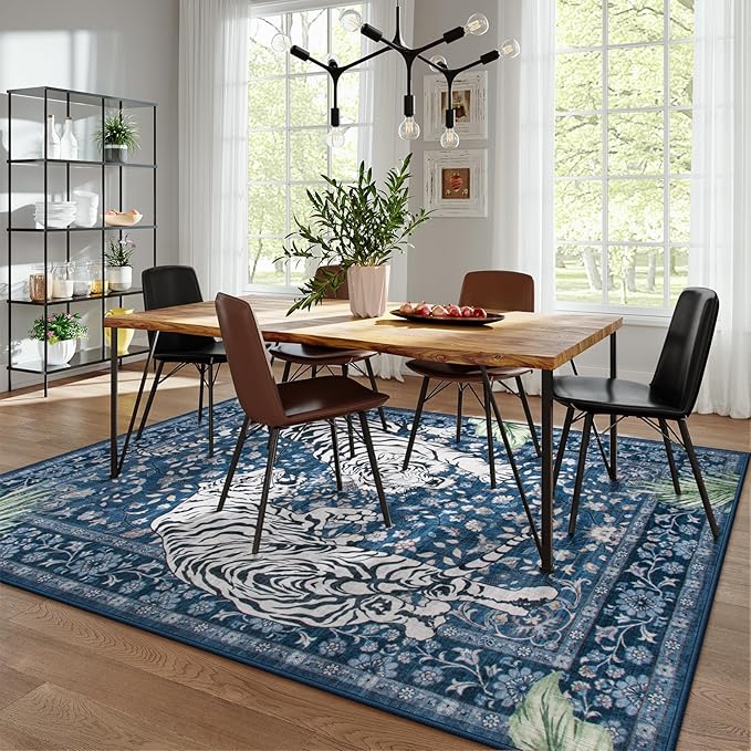 Moynesa Tiger Washable Area Rugs 8x10, Large Boho Rugs for Living Room, Vintage Non Slip Dining Room Rugs for Under Table, Ultra Thin Soft Floor Carpet for Office Bedroom, Blue