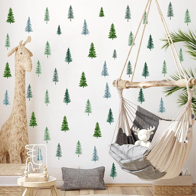 Small Pine Tree Wall Sticker Watercolor Green Tree Window Decals Forest Pine Window Stickers Green Trees Wall Decals Peel and Stick Small Pines Wall Stickers for Nursery Bedroom Kids Room Decor