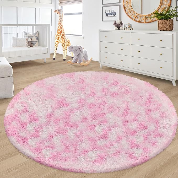 7 ft Large Fluffy Round Pink Area Rugs for Girls Bedroom, Colorful Soft Shaggy Circular Rug Plush Fluffy Circle Carpet Fuzzy for Nursery Baby Toddler Room Playroom Dorm Iving Room Home Decor