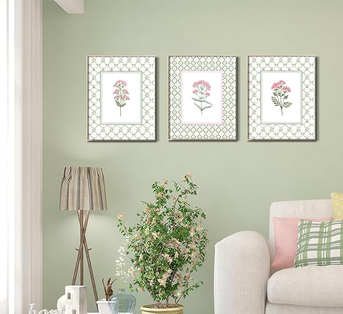 3PCS Green Plaid Pink Floral Wall Art Wildflower Baby Room Painting Picture Wall Decor Botanical Flower Boho Poster Print Artwork for Bedroom living room baby room children's room dining room Home Decoration