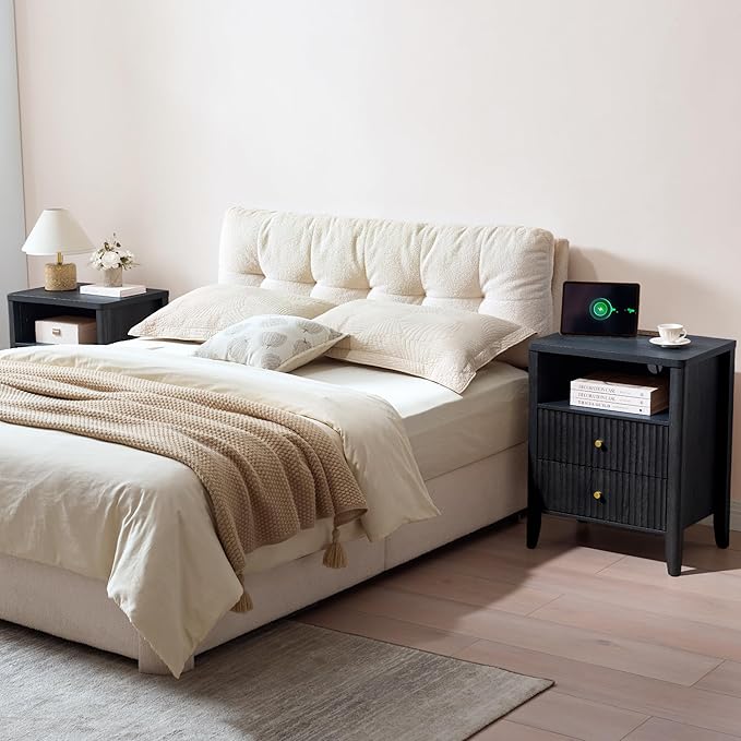 Fluted Nightstand with Charging Station, 21" Wide Modern Bedside Table with 2 Drawers & Open Shelf, Wood End Table with Storage & Metal Handle for Bedroom, Small Spaces, Black