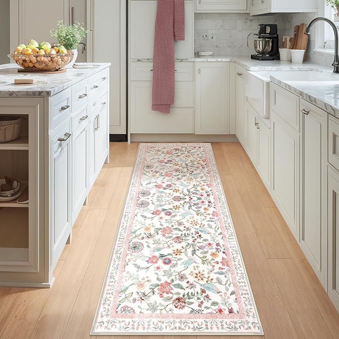 Floral Washable Runner Rug, 2.6x8 Pink Rug Runners for Hallways Non-Slip, Soft Low Pile Flower Birds Long Bathroom Mat Botanical Throw Carpet for Kitchen Laundry Entryway Porch