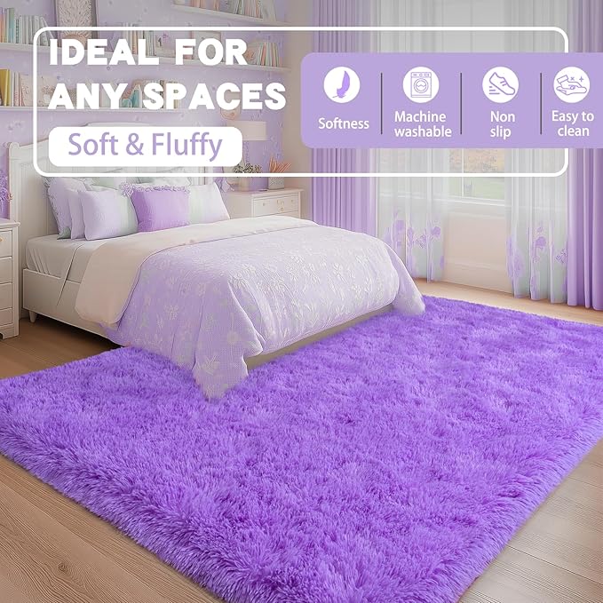 Fluffy Shag Rug 5x7 Purple Rugs for Bedroom, Soft Shaggy Rugs for Living Room, Non-Slip Fuzzy Plush Carpet for Kids Girls Room Dorm Home Decor