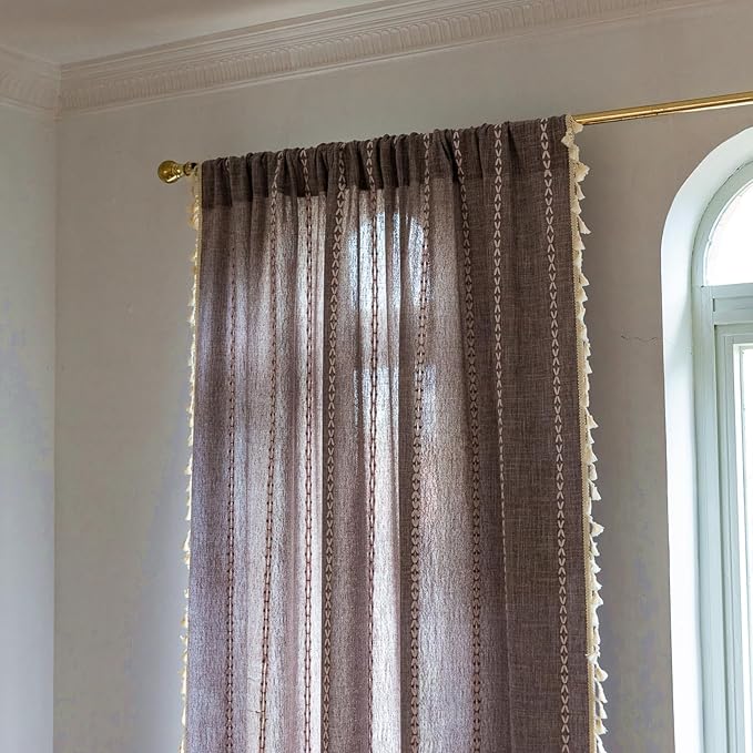 Deeprove Brown Boho Curtains 84 inches Long for Bedroom Living Room, Dark Coffee Bohemian 84 inches Length Embroidery Cottage Farmhouse Privacy Style Tassel Window Treatments, 1 Panel W52 x L84
