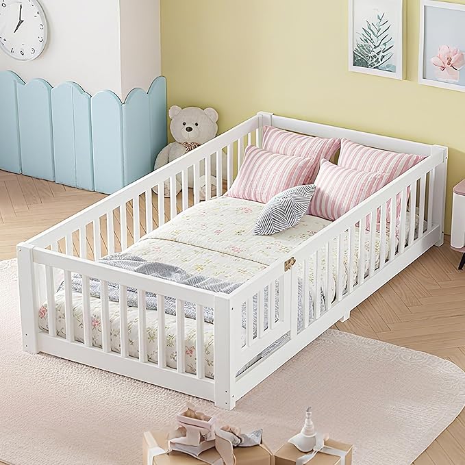 Bellemave Montessori Twin Floor Bed Frame with Fence and Removable Door, Low Profile Twin Size Montessori Bed Frame for Kids, Solid Wooden Floor Beds for Bedroom,Nursery, White