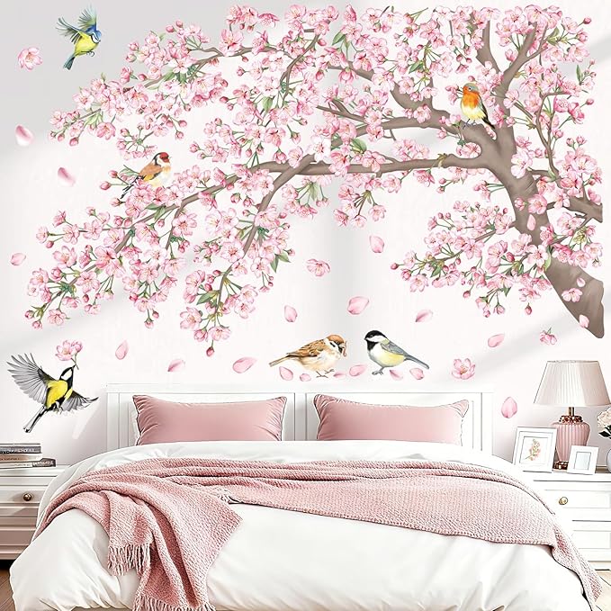 decalmile Large Cherry Blossom Tree Branch Wall Stickers Pink Floral Birds Wall Decals Baby Nursery Bedroom Living Room Home Decor