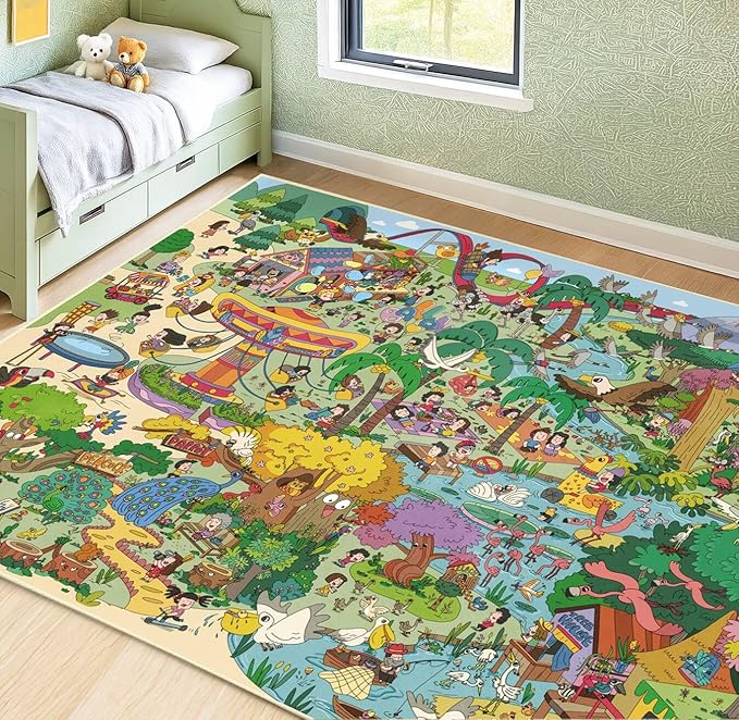 Whimsical Jungle Rug 6x9 for Kids Playroom – Bright Animal Safari, Forest & Playground Scene – Perfect for Classrooms or Play Corners