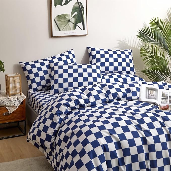 Houseri Royal Blue and White Duvet Cover King Plaid Dark Ocean Blue Bedding Checkerboard Duvet Cover Sets Men Women Elegant Blue Buffalo Checkered Bedding Bright Blue Grid Duvet Cover King Size Comfy