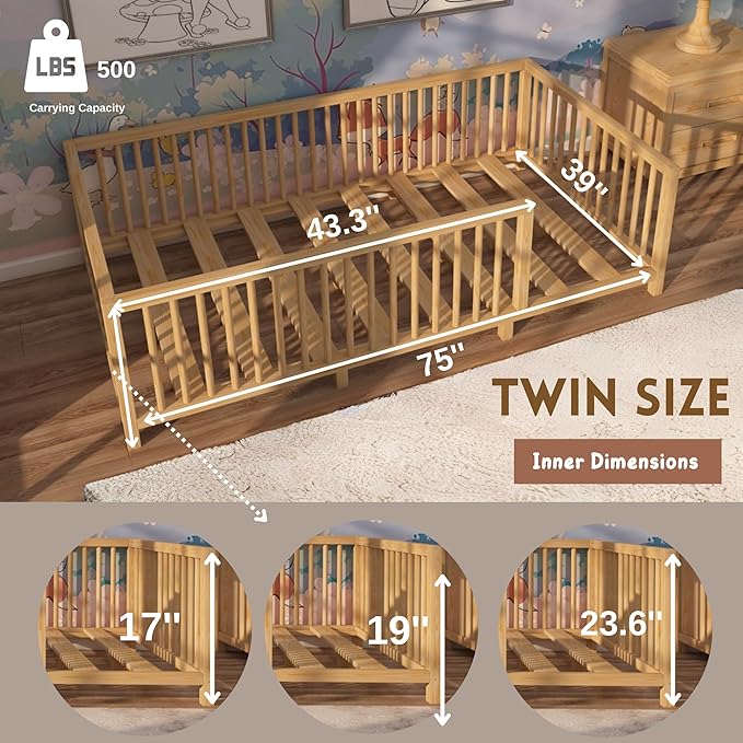Montessori Floor Bed with Slats for Toddler 39.4'' x 75.2'' Twin | Pine Wood Natural Solid Frame Bed | Sturdy Design Floor Bed Frame for Boy and Girls (Twin, Height : 23.6 Inches)