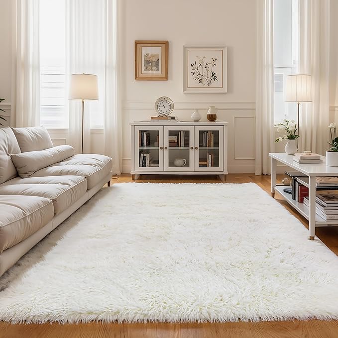 KCHOWUA Cream White Fluffy Shag Rug for Bedroom,4'x6' Machine Washable Soft Shaggy Fuzzy Small Area Rugs for Living Room,Cute Furry Plush Kids Rugs Nursery Dorm Boys Girls Bed Room Carpets,Ivory
