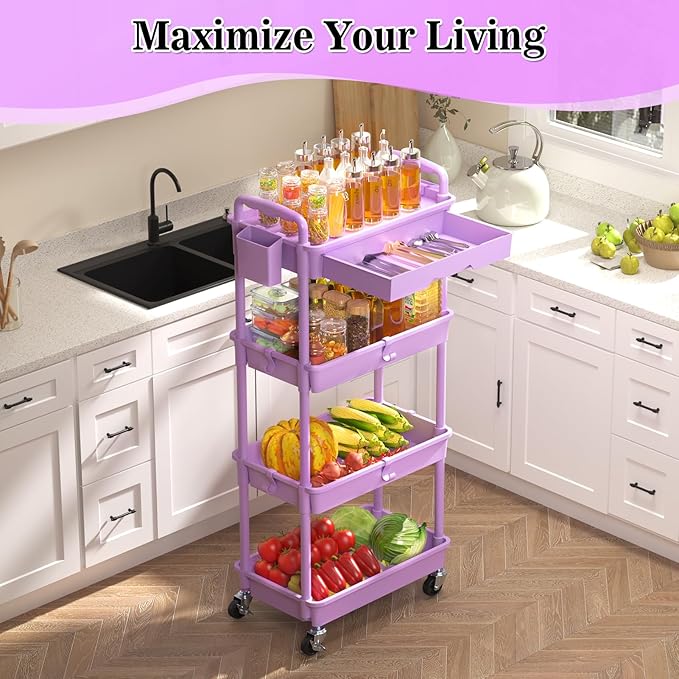4 Tier Rolling Cart Organizer with Drawer, Bathroom Storage Carts with Wheels & Plastic Shelf, Mobile Storage Organizers for Kitchen, Office, Laundry Room, Baby, Snack, Craft, Makeup, Purple