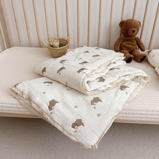 BuLuTu 100% Muslin Toddler Quilt Thin Crib Comforter Girls Boys Quilted Blankets, 60"x78", 2.5 Pounds, Soft Breathable Muslin Cotton Quilts, Bee Bear Pattern, Machine Washable