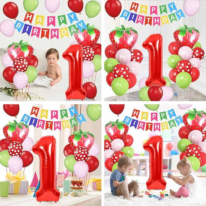1st Strawberry Decorations for Girls, Red Pink Green Balloon With 40 Inch Number 1 Strawberry Foil Balloons Banner for Sweet One Baby Shower Berry First Birthday Party