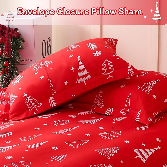 JSD Red Christmas Tree Kids Duvet Cover Set Queen Size, 3 Piece Xmas Comforter Cover with Pillow Sham Zipper Closure, Comforter Not Included