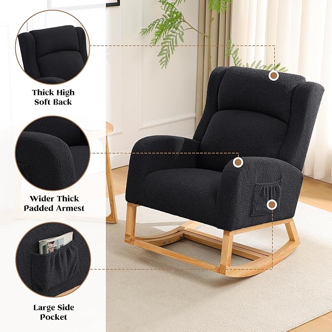 Rocking Chair Nursery, Nursing Rocking Chairs for Mom Nursery, Comfy Wingback Glider Rocking Armchair with Foot Rest and Side Pocket for Nursery Living Room Bedroom, Teddy Black