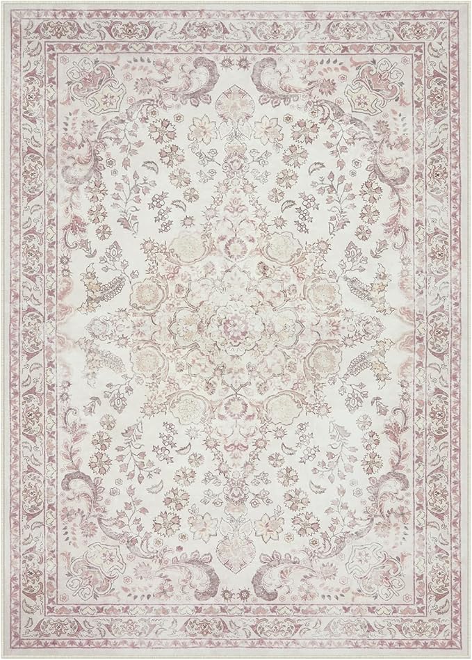 Wonnitar Vintage Floral Rugs for Bedroom Girls, 5x7 Washable Pink Nursery Rug for Baby, Ultra-Thin Non Slip Soft Medallion Carpet for Aesthetic Decor Toddler Kids Room Living Room