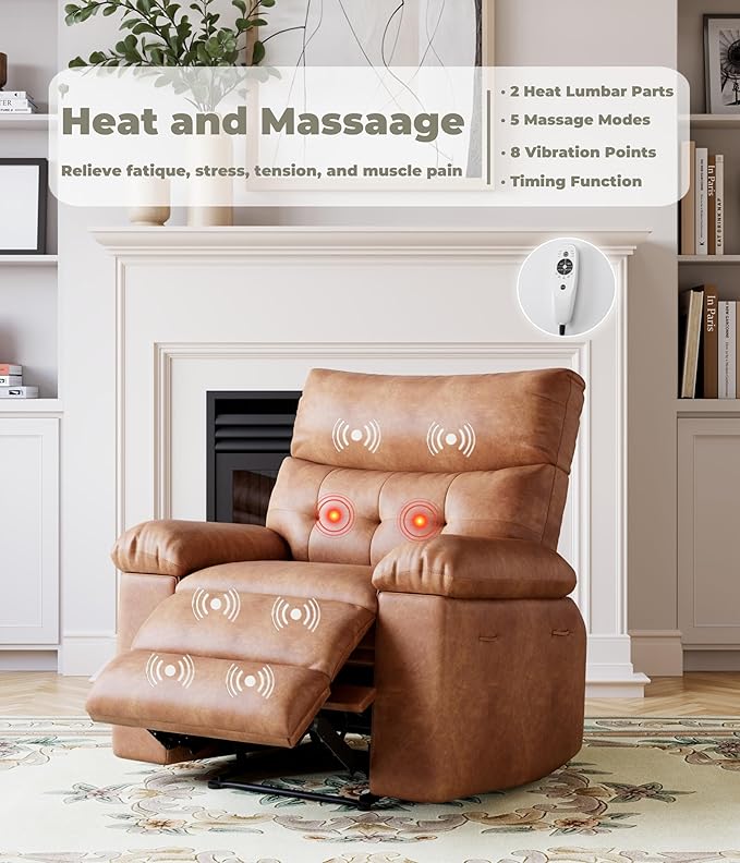 GarveeHome Oversized Wide Recliner Chair - Heat and Massage, PU Leather Extra Wide Manual Recliner for Adults, Large Lazy Chair with 1.5X Sponge Comfort Arm and Back for Living Room, Bedroom