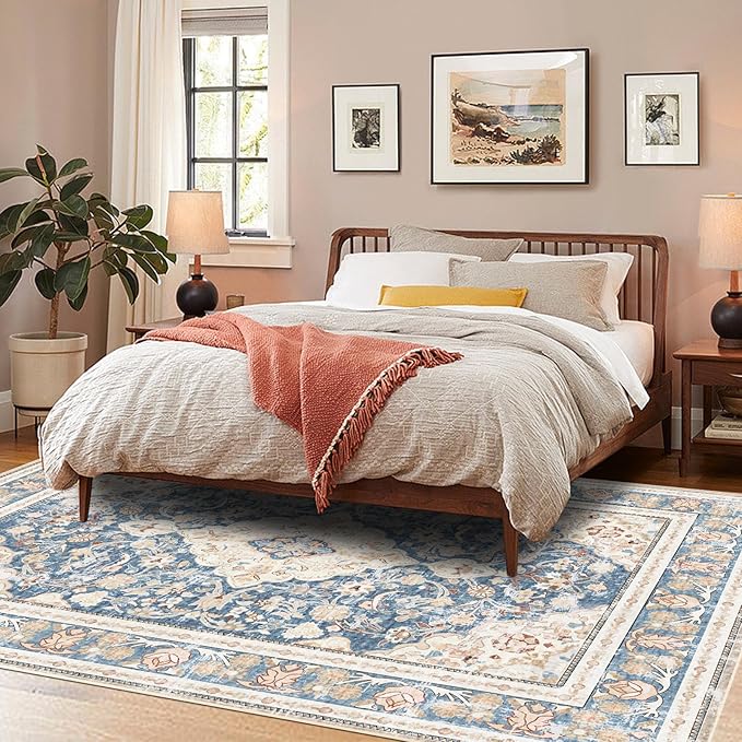 Vhong Boho Area Rugs Vintage Washable Modern Neutral Large Carpet Blue 8×10 High Traffic Rugs for Dinning Room Living Room Bedroom Farmhouse Non Slip