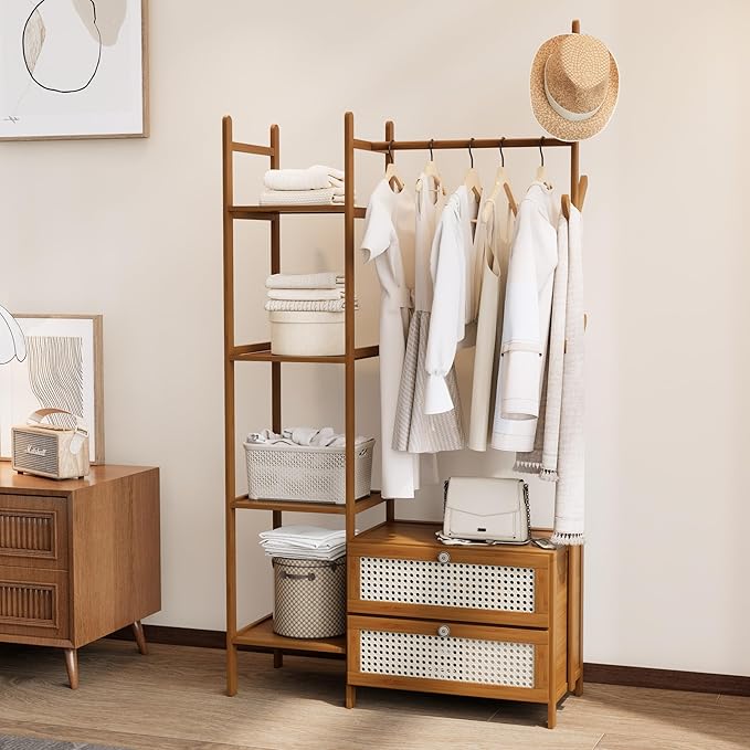 Bamboo Clothes Rack,Garment Rack with Drawers and Shelves,5 Tier Storage Shelves with 6 Hanging Hooks,Wardrobe Closet for Entryway Guestroom Kids Bedroom(31.5inch Width Tawny with Rattan Door)