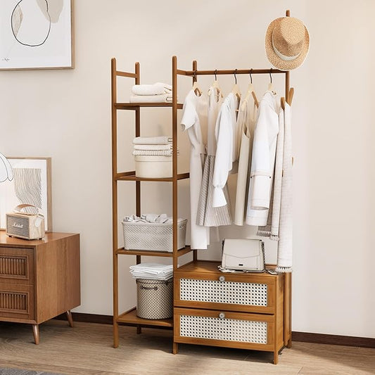 Bamboo Clothes Rack,Garment Rack with Drawers and Shelves,5 Tier Storage Shelves with 6 Hanging Hooks,Wardrobe Closet for Entryway Guestroom Kids Bedroom(31.5inch Width Tawny with Rattan Door)