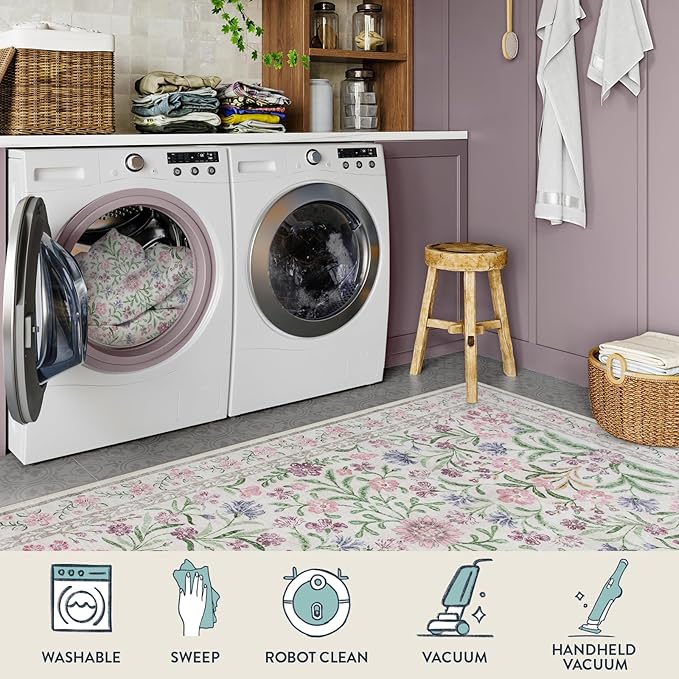 Lahome Purple 8x10 Area Rugs for Living Room, Washable Kids Rugs for Bedroom Girls, Vintage Baby Rugs for Nursery, Soft Thin Carpet for Dining Room Playroom, Pale Lilac/Pink