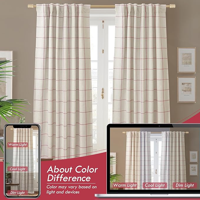 DriftAway 2 Panels 100% Blackout Windowpane Plaid Linen Curtains Double Layer Drapes for Bedroom 90 Inches Long Farmhouse Thermal Insulated 3.25 Inch Rod Pocket Back Tab for Living Room Red
